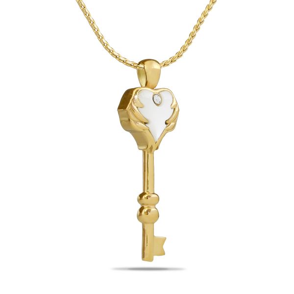 White Stone Heart Key Gold Steel Necklace